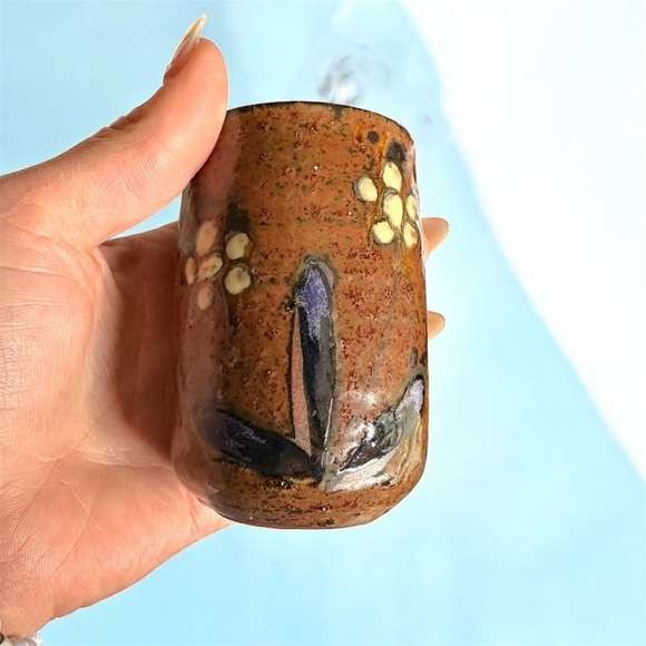 Vintage Hand Crafted set of 5 redware Glasses Hand Painted Floral Design - Picture 4 of 5